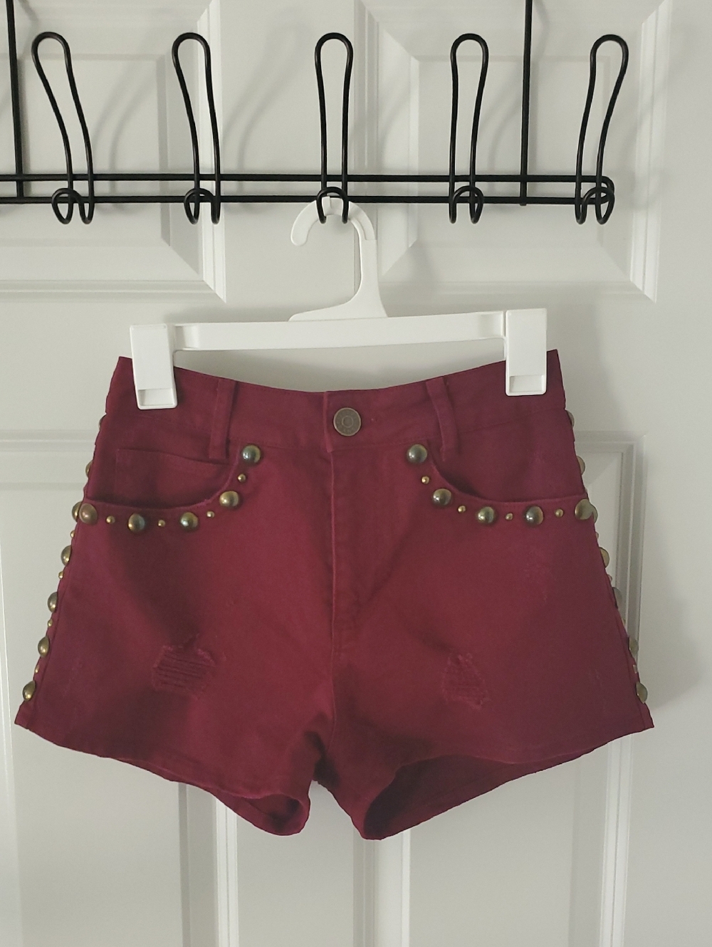 Sandro Paris Burgundy Studded Distressed Jean Shorts Size 38